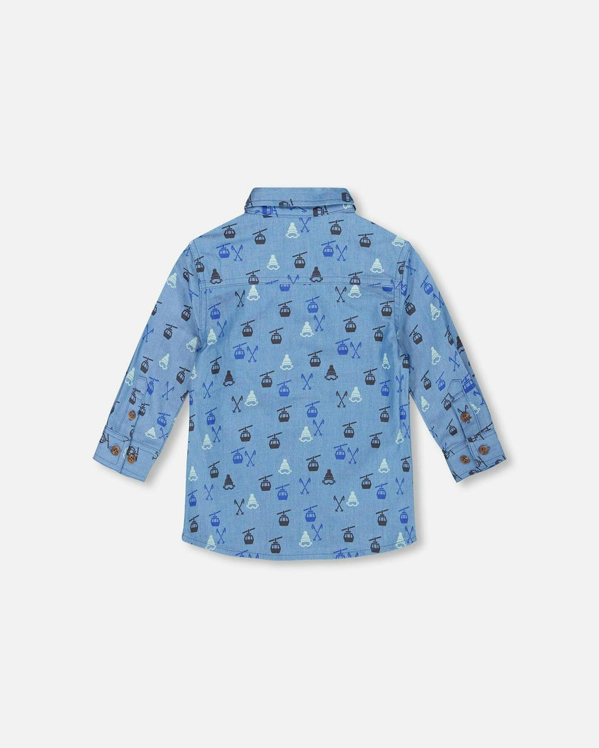 Printed Long Sleeve Button Front Chambray Shirt