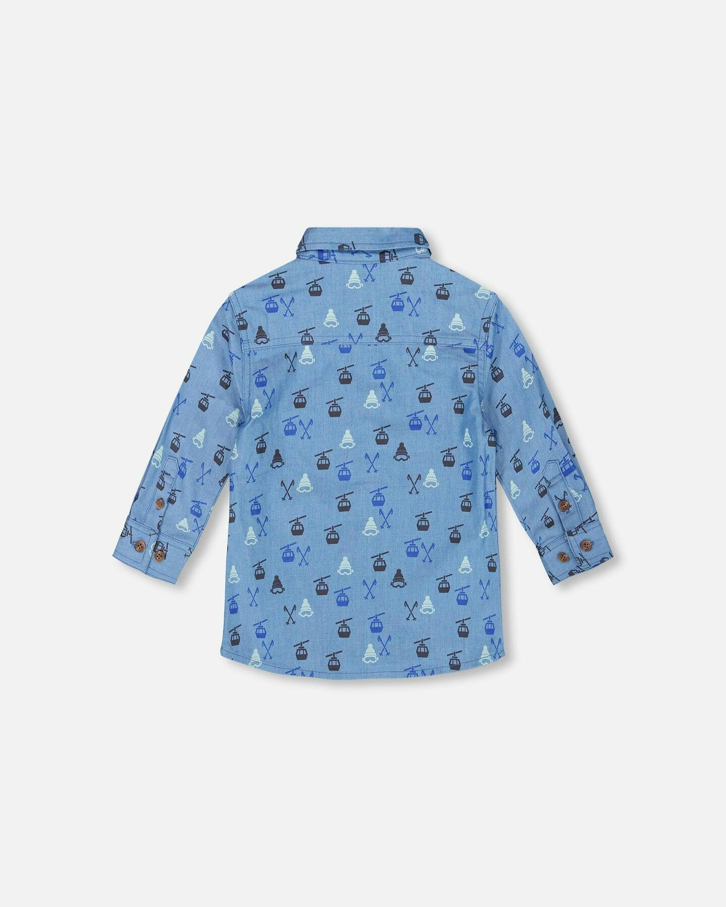 Printed Long Sleeve Button Front Chambray Shirt
