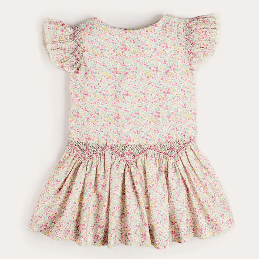 Adelaide Floral Smocked Cap Sleeve Drop Waist Dress in Pink (4-12yrs)