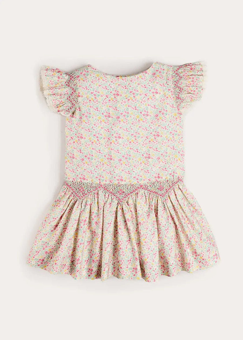 Adelaide Floral Smocked Cap Sleeve Drop Waist Dress in Pink (4-12yrs)