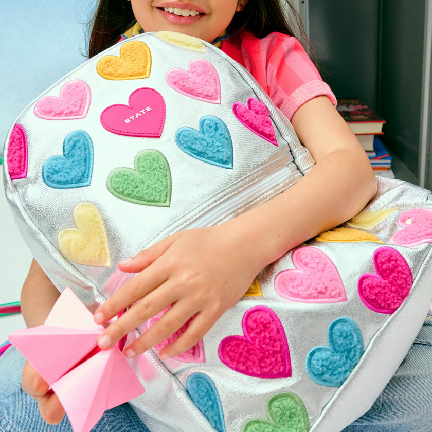 Kane Double Pocket Backpack, Metallic Happy Fuzzy Hearts