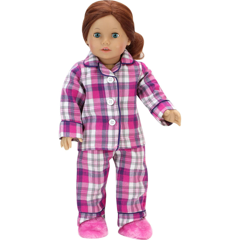 Sophia's Flannel Pajama and Fuzzy Slippers for 18'' Dolls, Pink/Purple/White