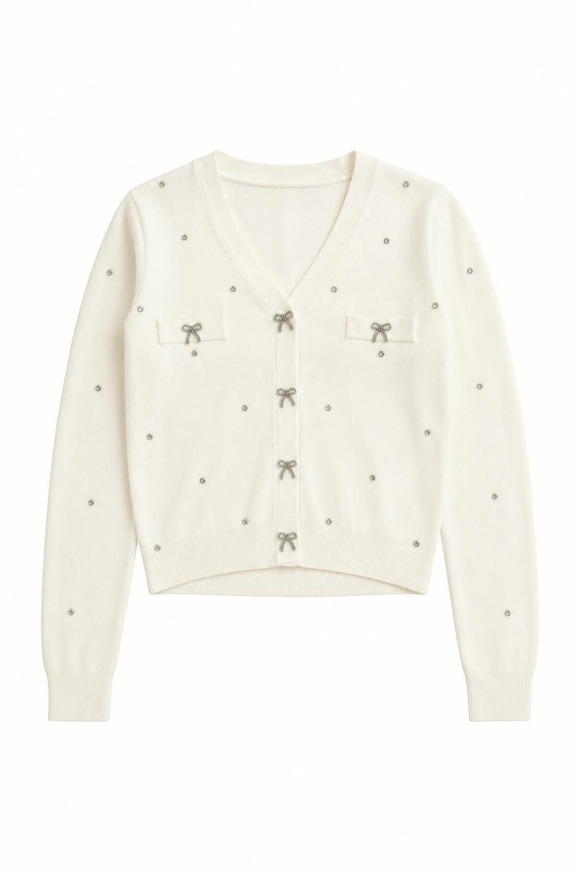 Mickey Cream Studded With Rhinestones Sweater Cardigan