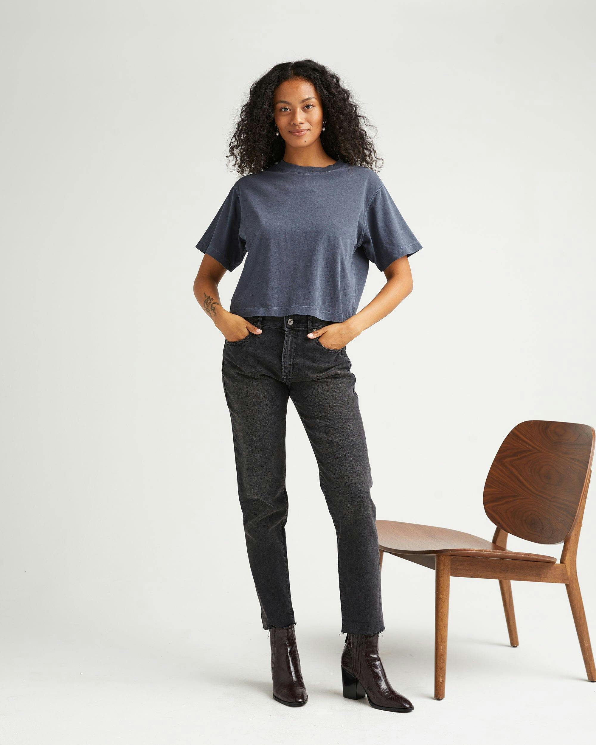 Womens Relaxed Crop Tee - Pigment Dye Jersey - Blue Steel
