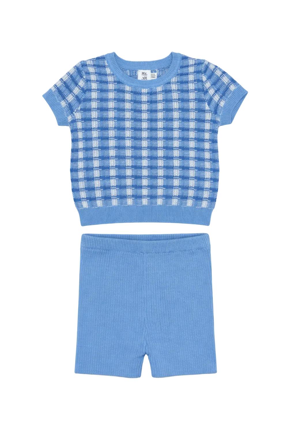 Basket Weave Short Sleeve Knit Sweater & Rib Short Set