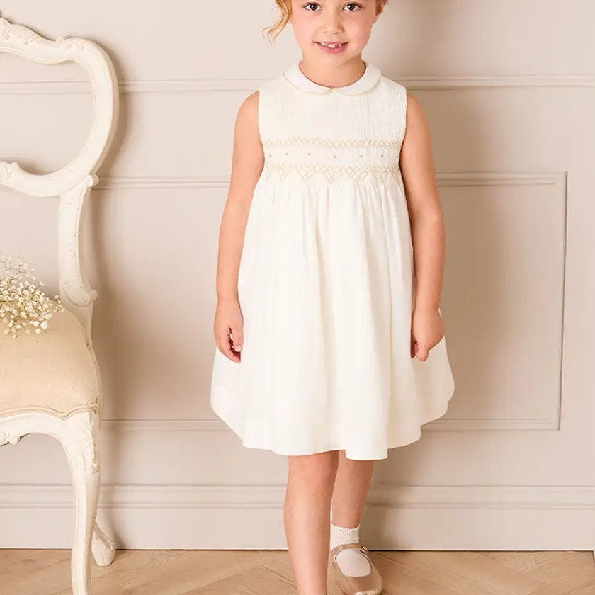 Hand Smocked Gold Embroidered Sleeveless Dress in Ivory (12mths- 10yrs)