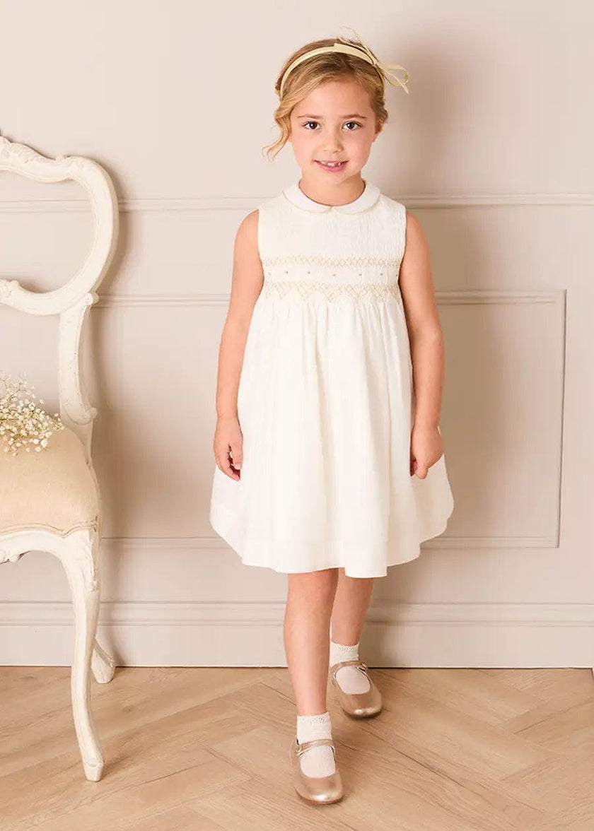 Hand Smocked Gold Embroidered Sleeveless Dress in Ivory (12mths- 10yrs)