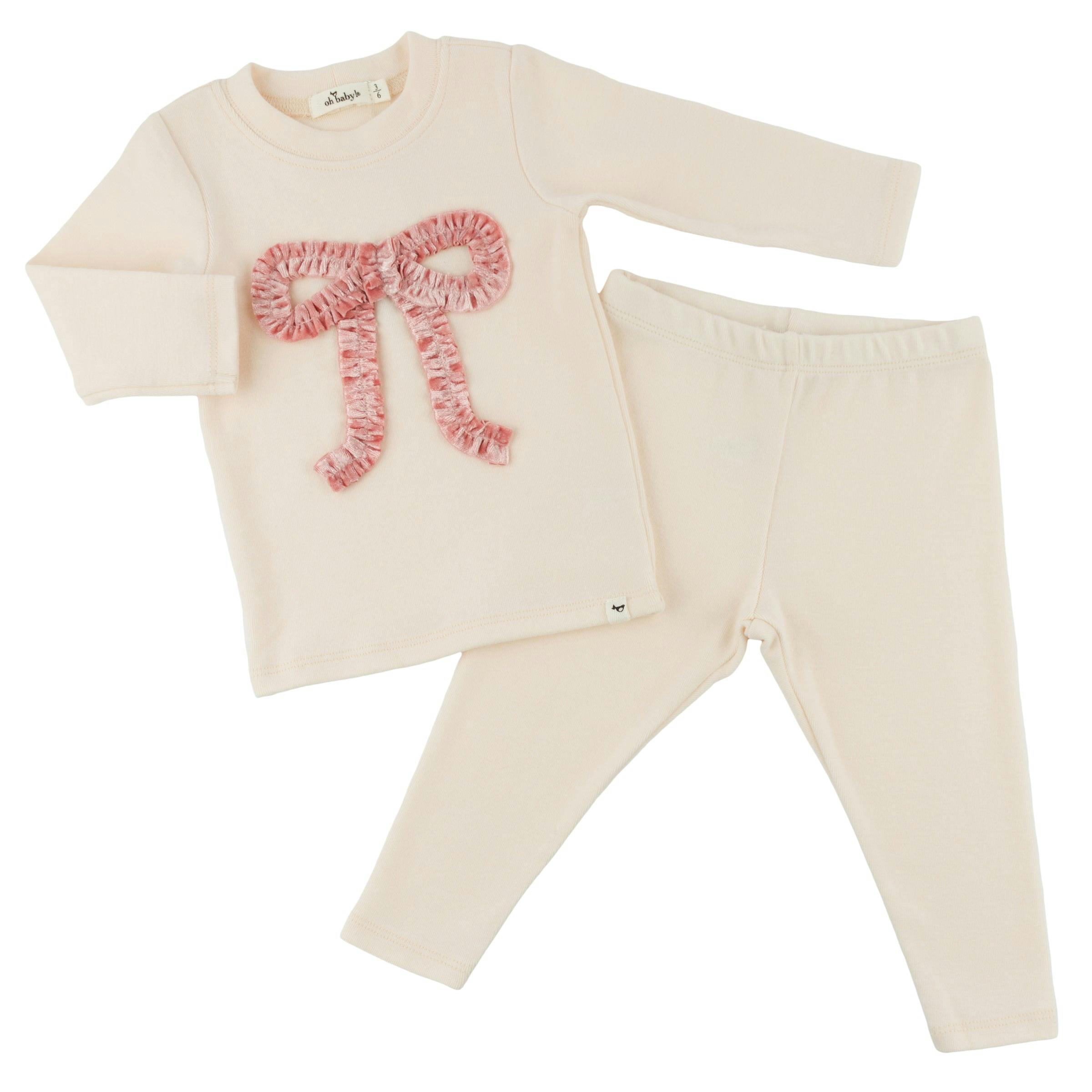 Pink Velvet Ruffle Bow Baby Rib 2pc Set