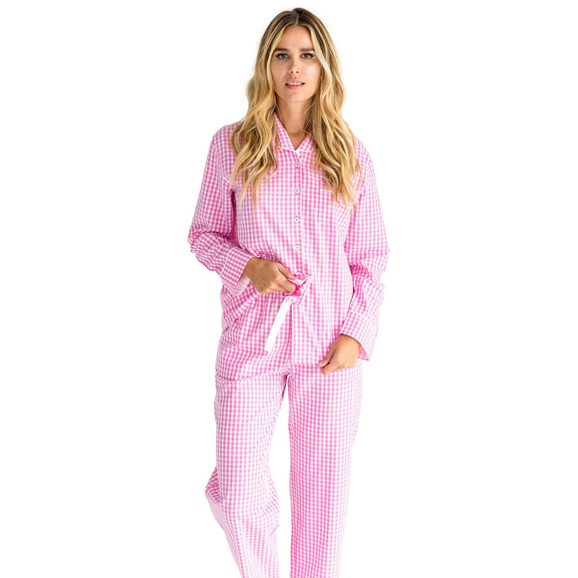 Women's Hepburn Gingham Pink Long PJ Set - Organic Cotton Poplin