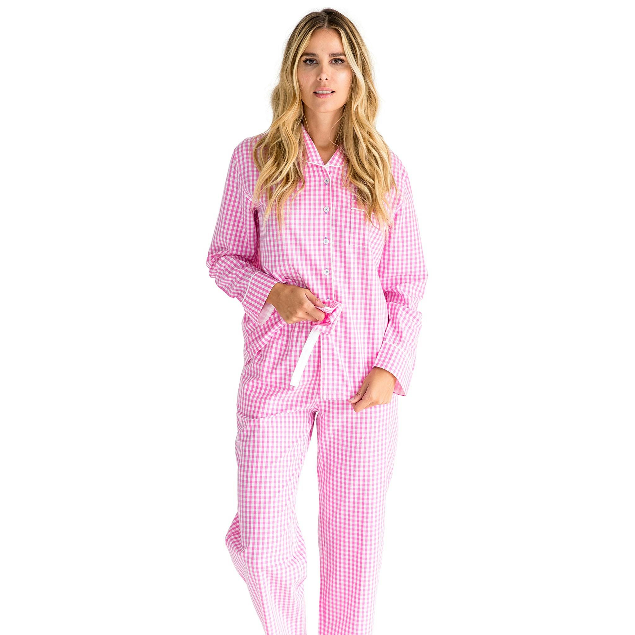 Women's Hepburn Gingham Pink Long PJ Set - Organic Cotton Poplin