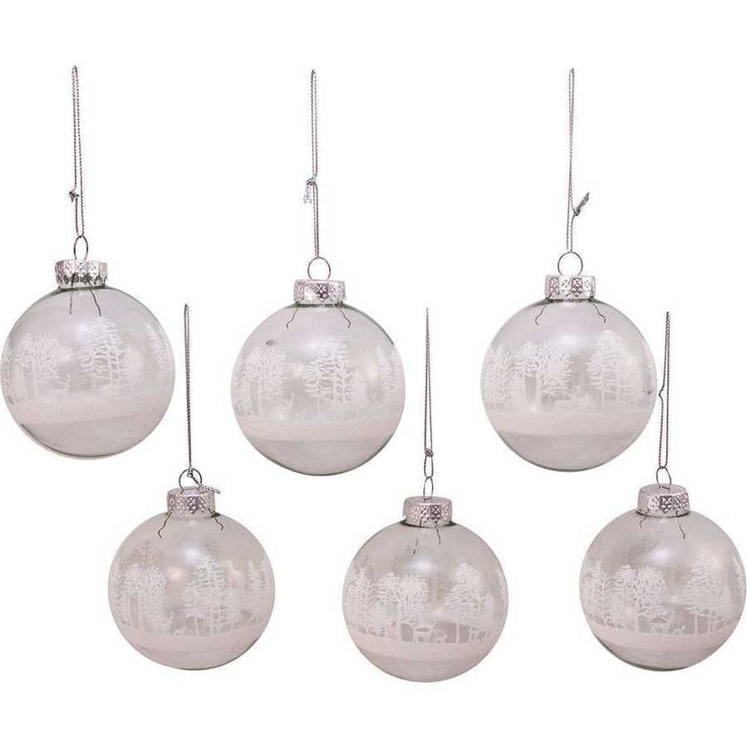 80MM Clear with White Tree Design Glass Ball Ornaments