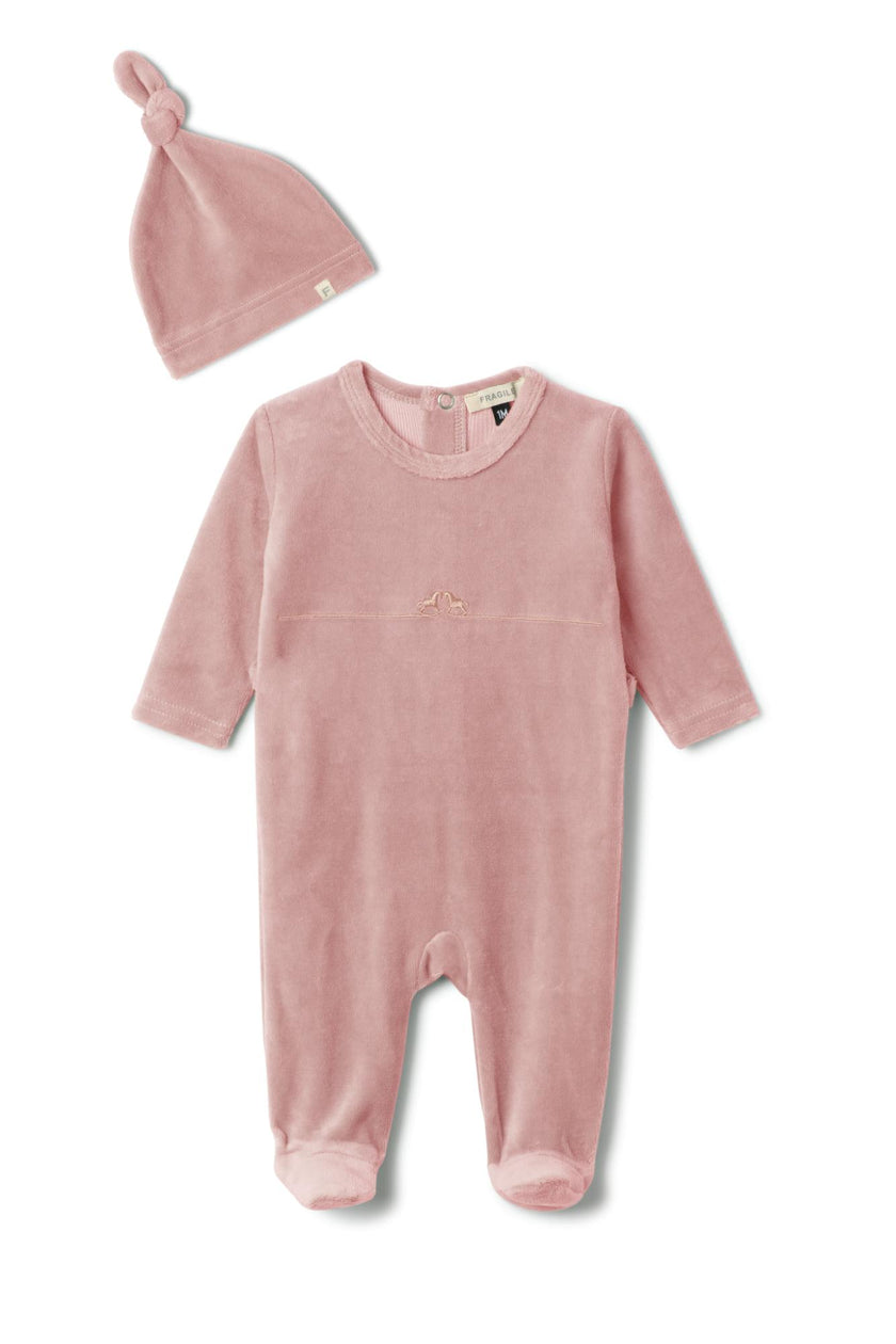Rocking Stretch Snap Front Velour Romper and Hat Two Piece Set