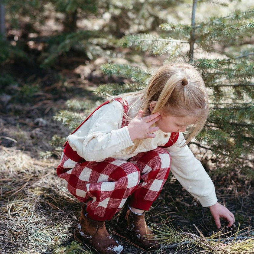 Red Gingham Knit Suspender Pants