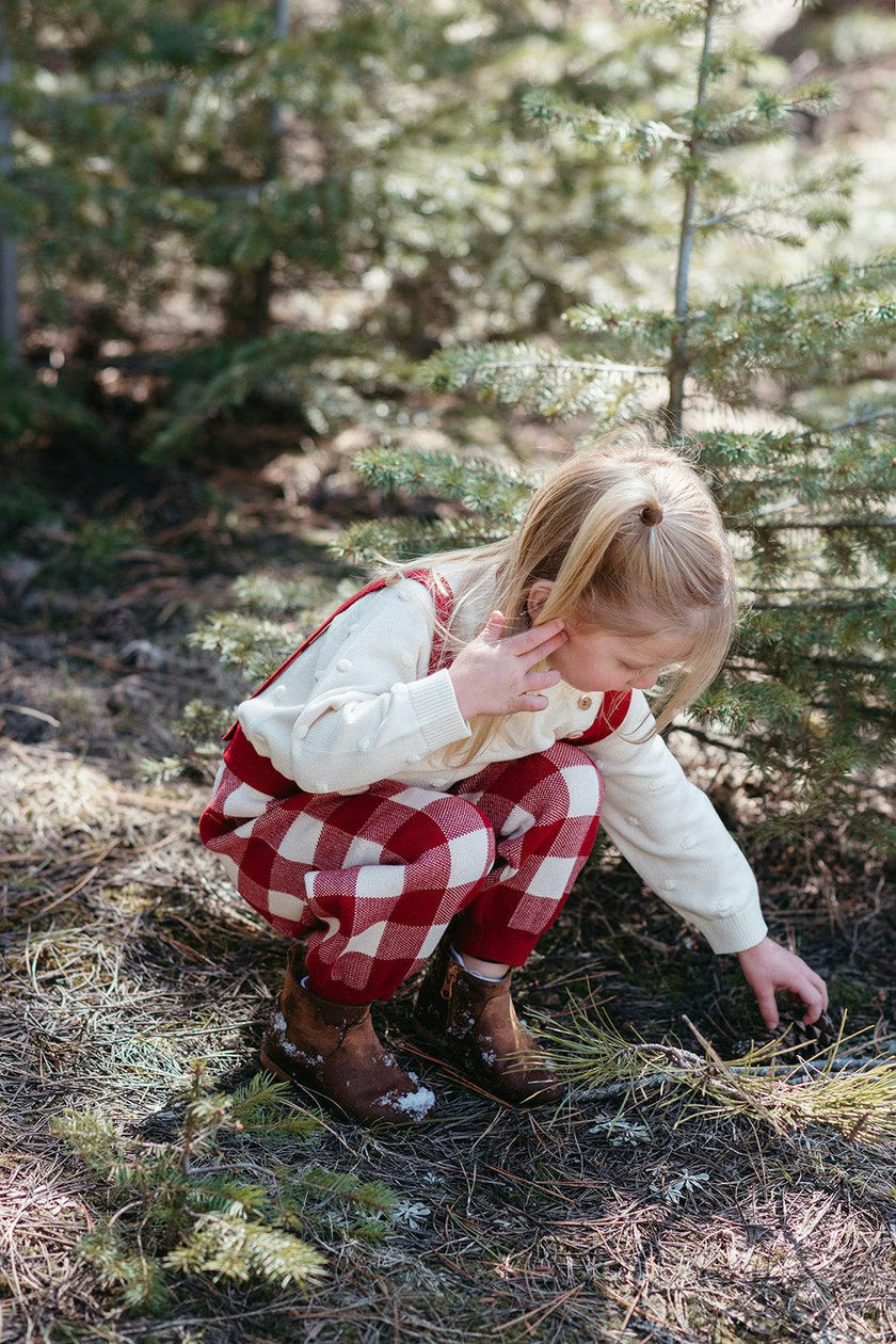 Red Gingham Knit Suspender Pants