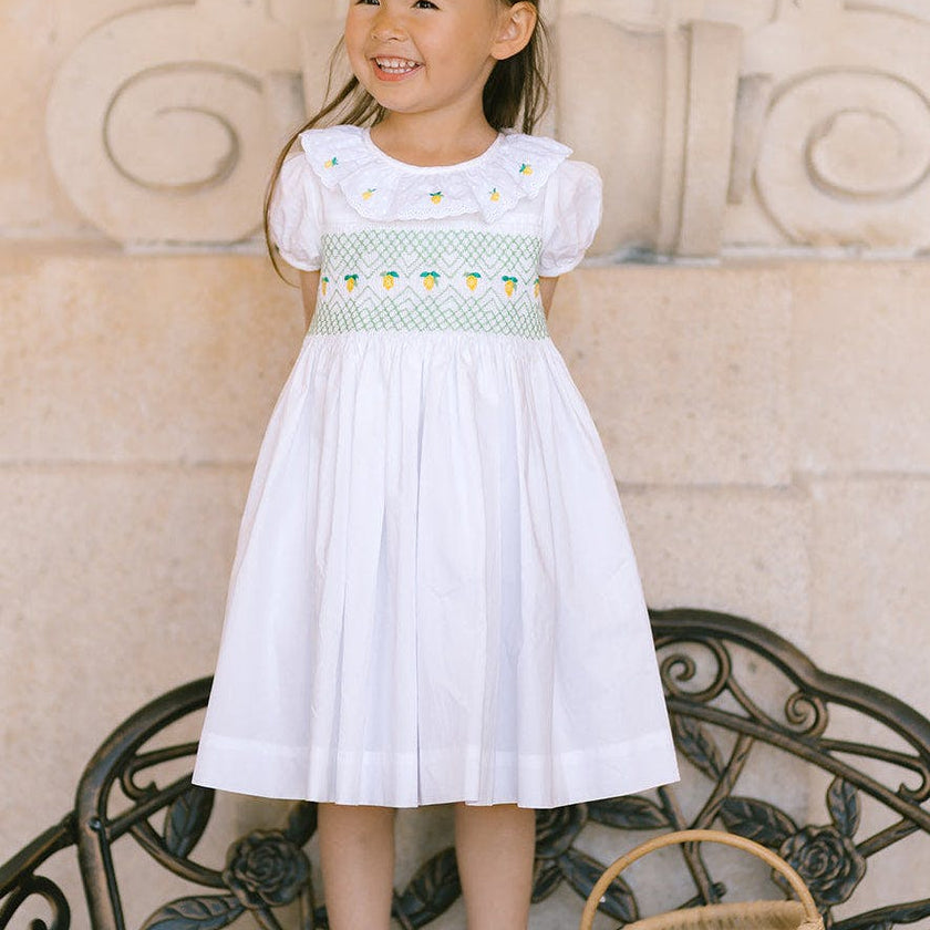 Victoria White Smocked Dress with Hand-Embroidered Lemons