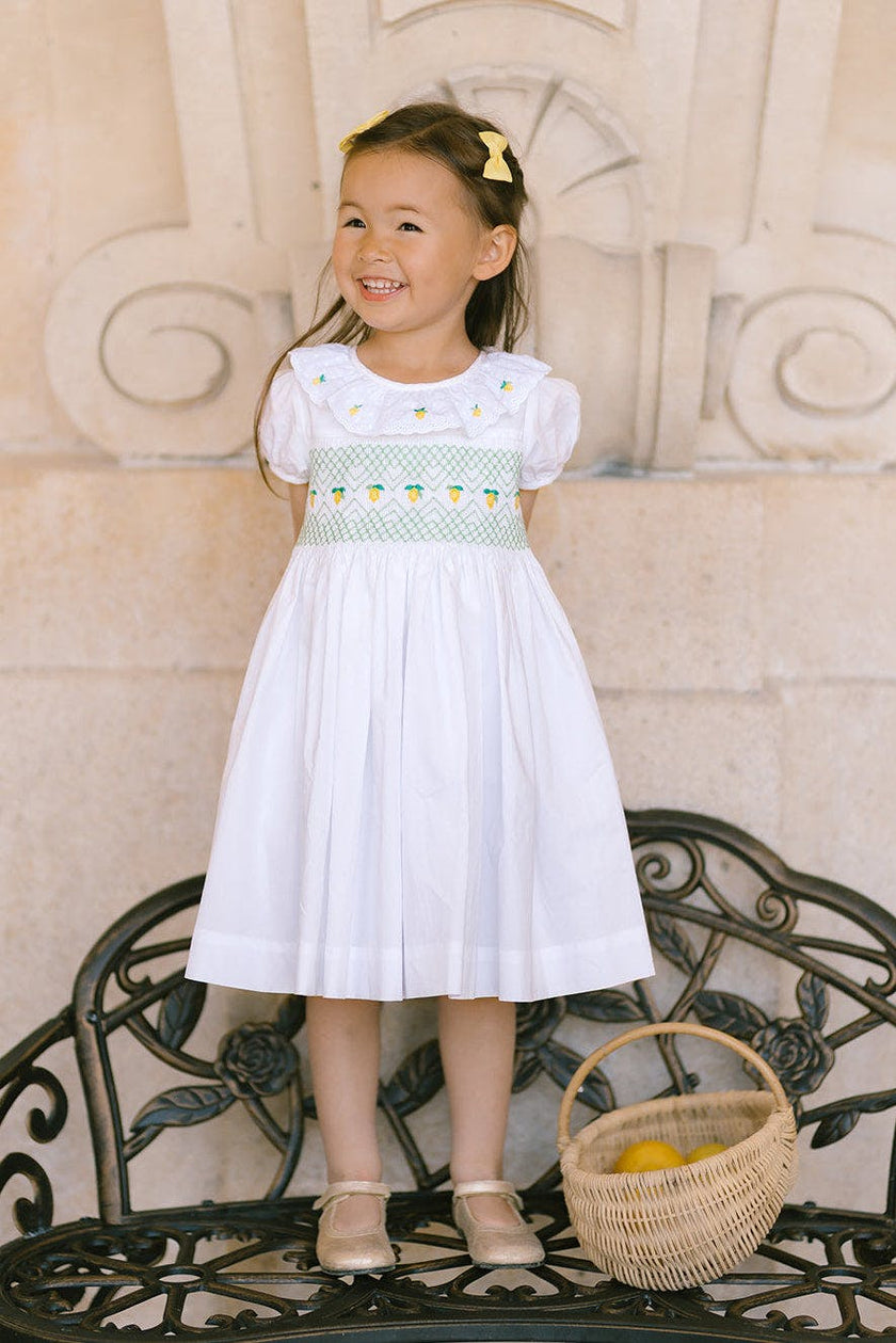 Victoria White Smocked Dress with Hand-Embroidered Lemons