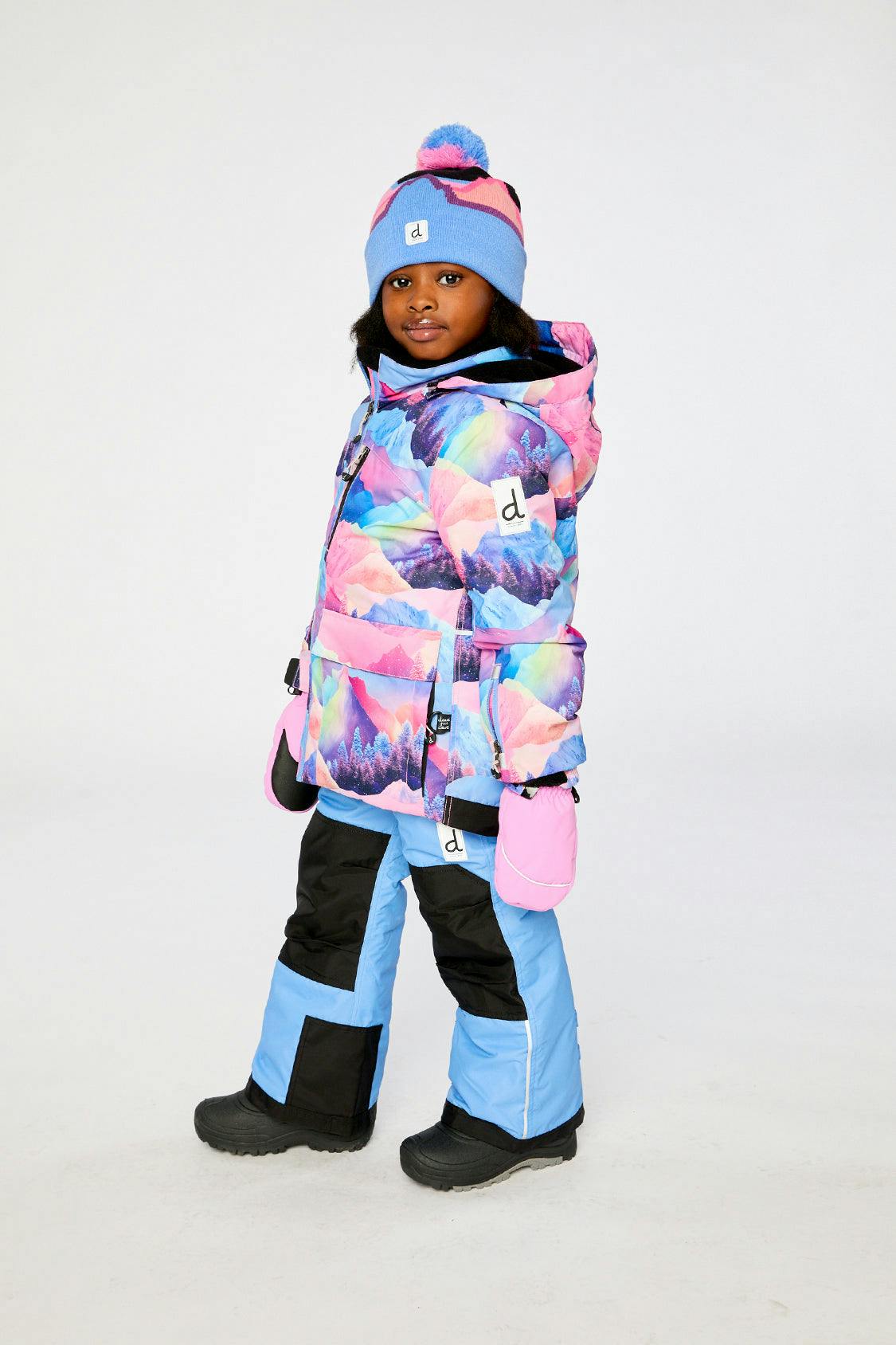 Two Piece Play Snowsuit Pink Mountain Print With Blue Pants