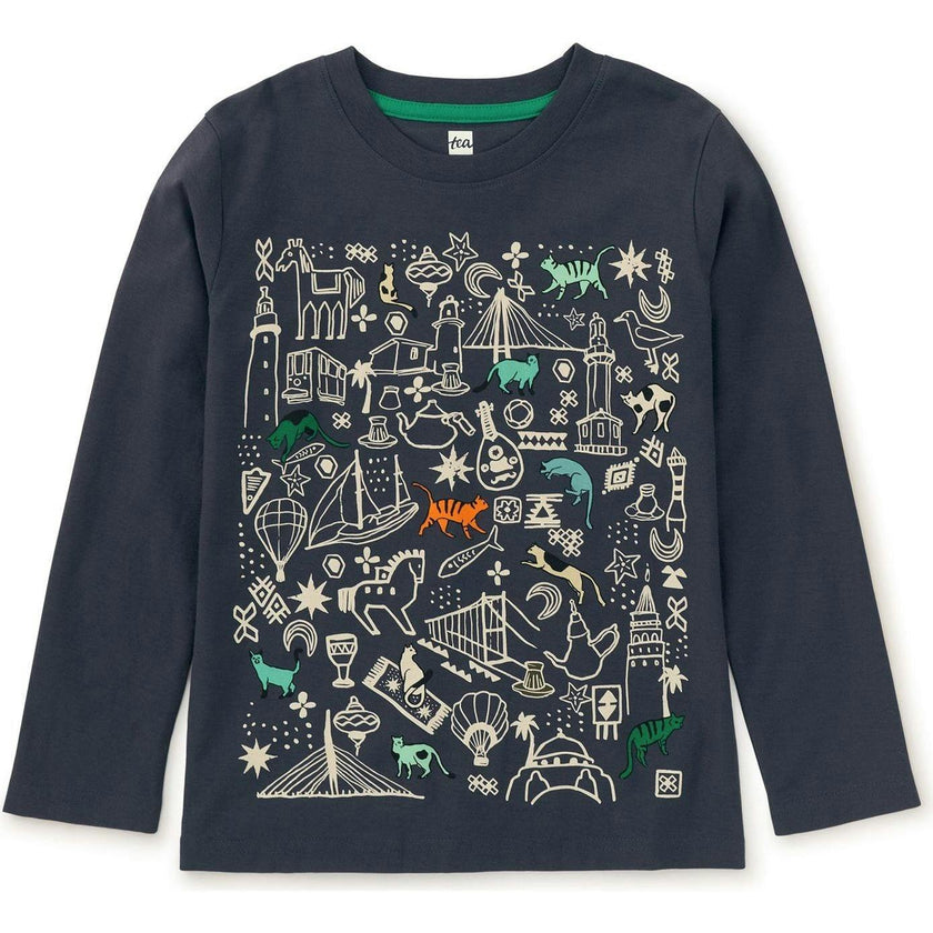 Cats In The City Graphic Print Crew Neck Long Sleeve T-Shirt, Blue