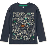 Cats In The City Graphic Print Crew Neck Long Sleeve T-Shirt, Blue