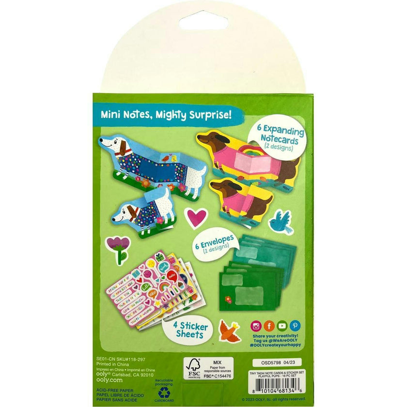Tiny Tadas! Note Cards and Sticker Set - Playful Pups - 6 Cards Envelopes