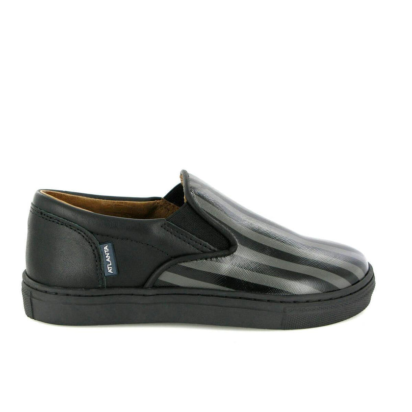 Leather Slip On Sneakers, Black & Grey Stripes