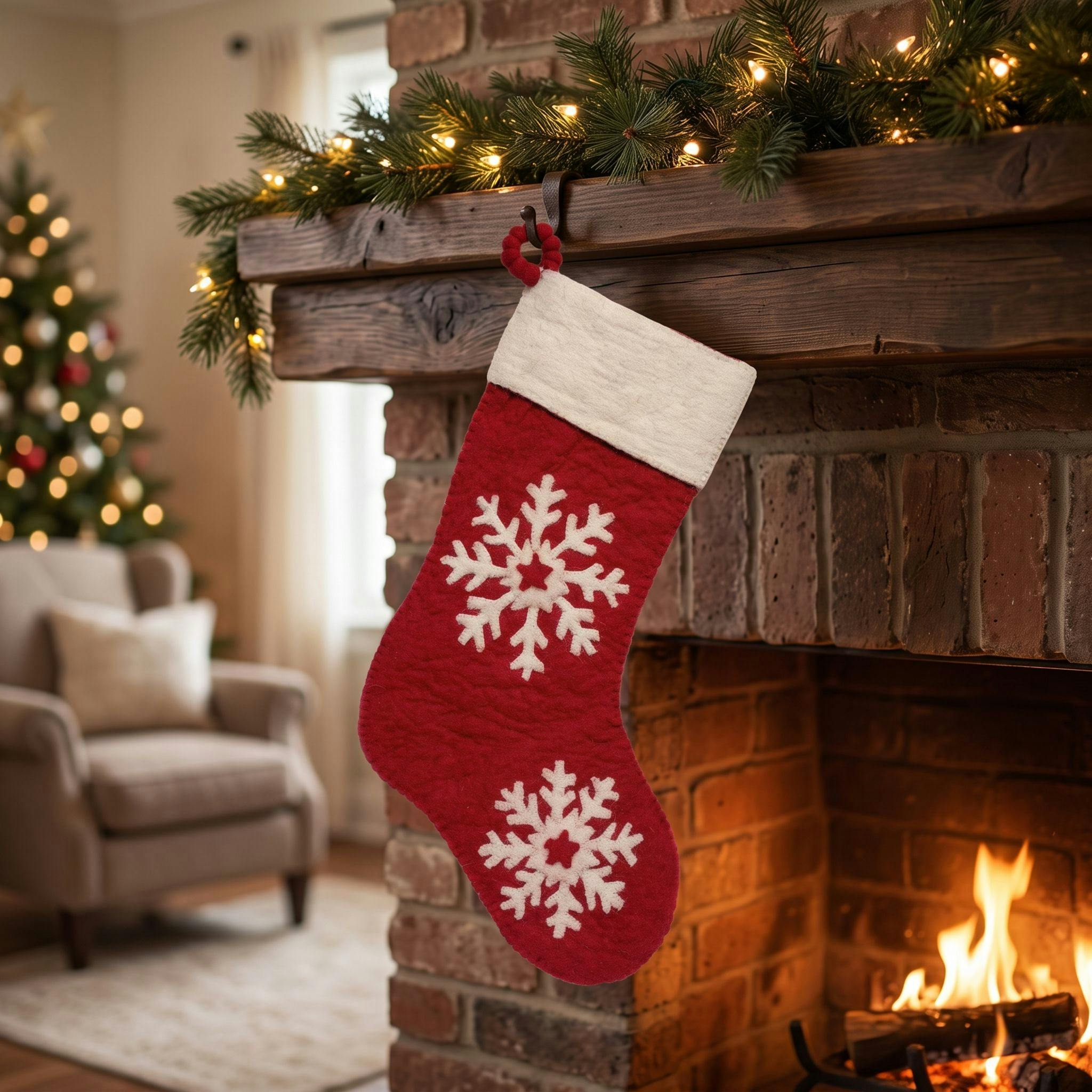 Hand Felted Wool Christmas Stocking - Snowflake Red
