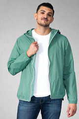 Moss green full zip packable Rain jacket and windbreaker