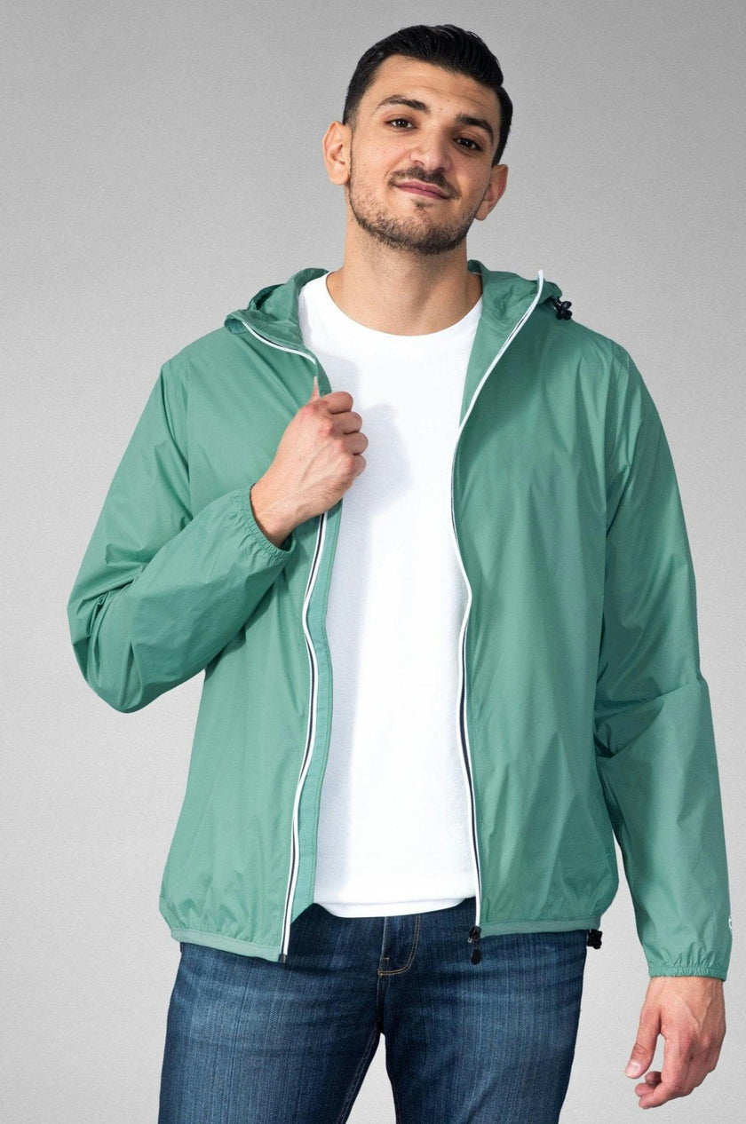 Moss green full zip packable Rain jacket and windbreaker