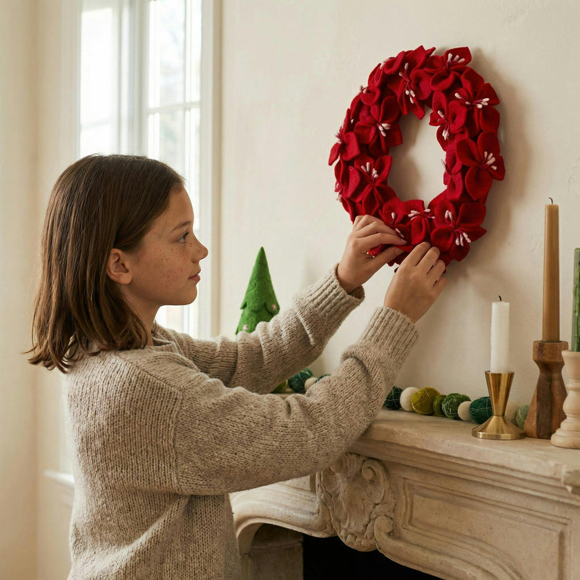 Handmade Hand Felted Wool Wreath - Red Amaryllis Flowers - 14"
