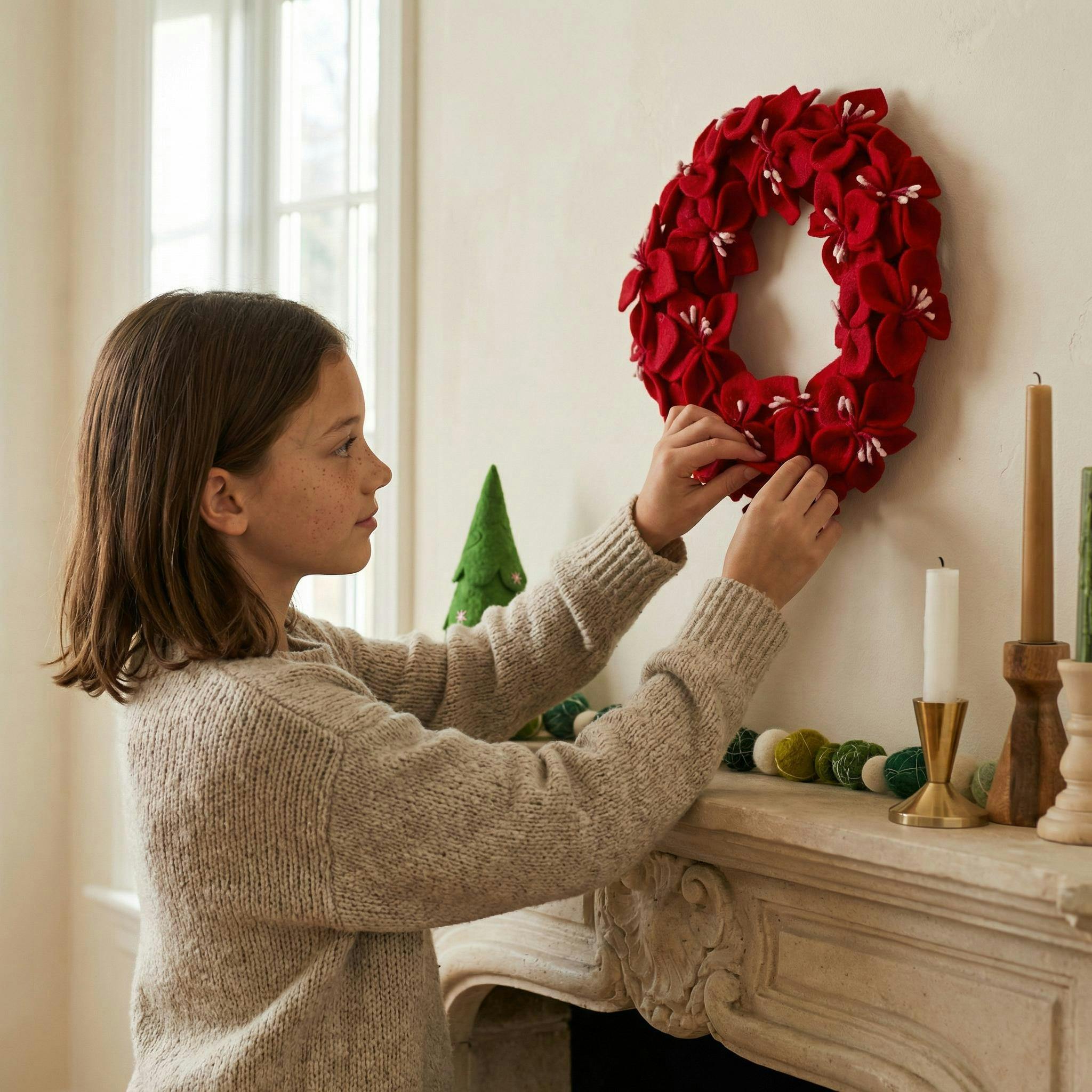 Handmade Hand Felted Wool Wreath - Red Amaryllis Flowers - 14