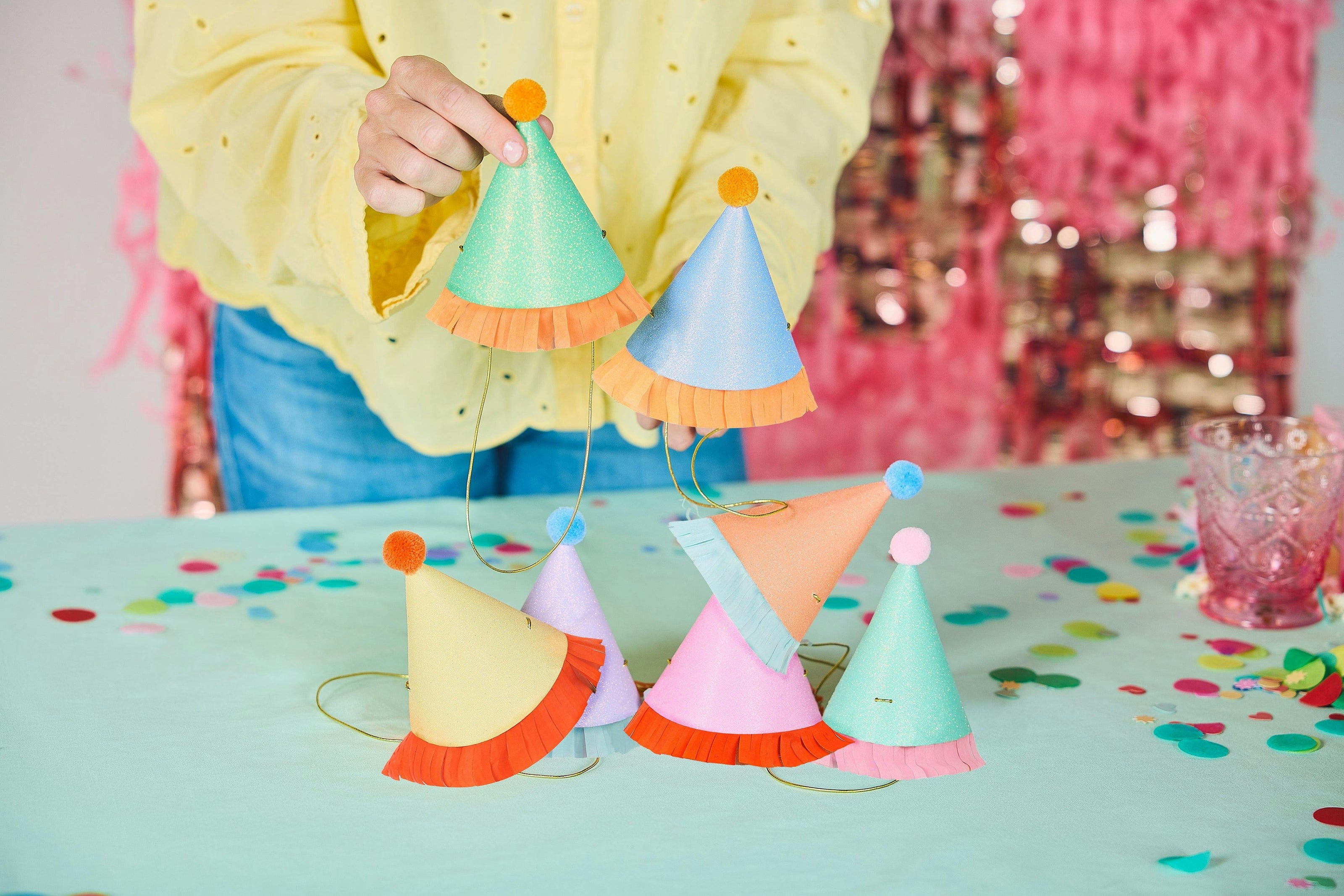 Packed Party Top Off the Fun Mini Glitter Party Hats Set of 8 - Shimmering Glitter Hats with Pom Pom Tops and Gold Elastic Straps, One Size Fits All
