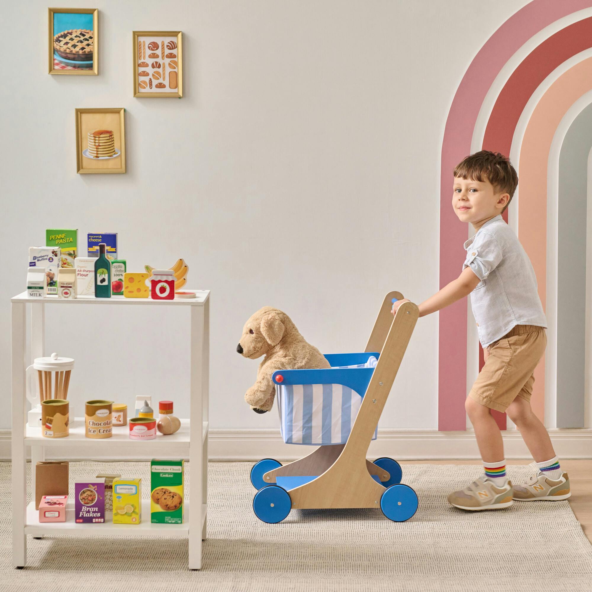 Teamson Kids Little Helper Mr. Fresh Wooden Shopping Cart with 13 Grocery Accessories