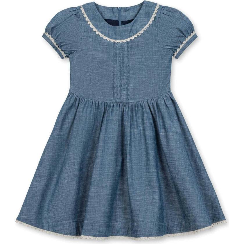 Organic Puff Sleeve Pintuck Chambray Dress, Blue