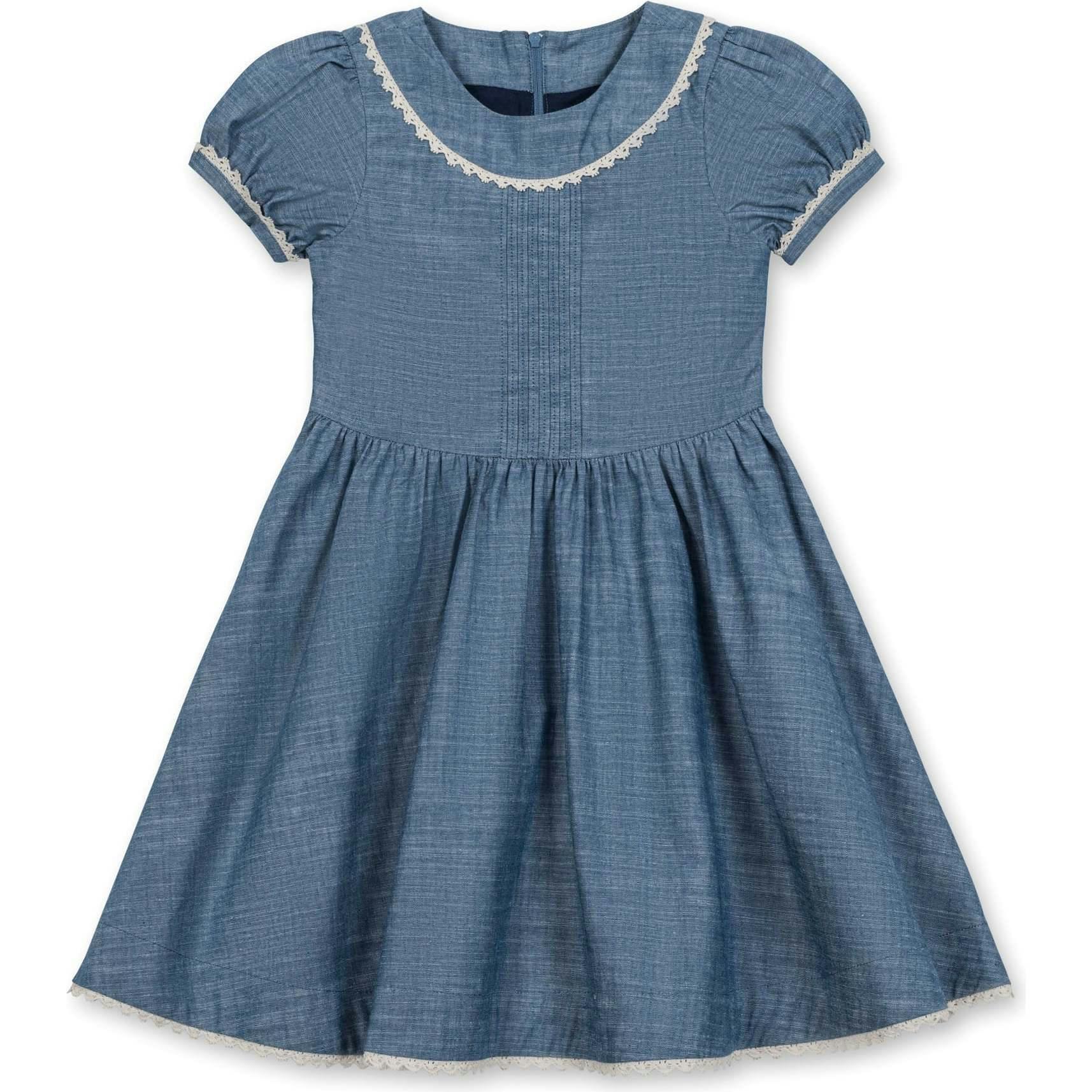 Organic Puff Sleeve Pintuck Chambray Dress, Blue