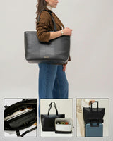 Vegan Leather Work Tote Bag with Removable Insulated Pouch, Black Croc