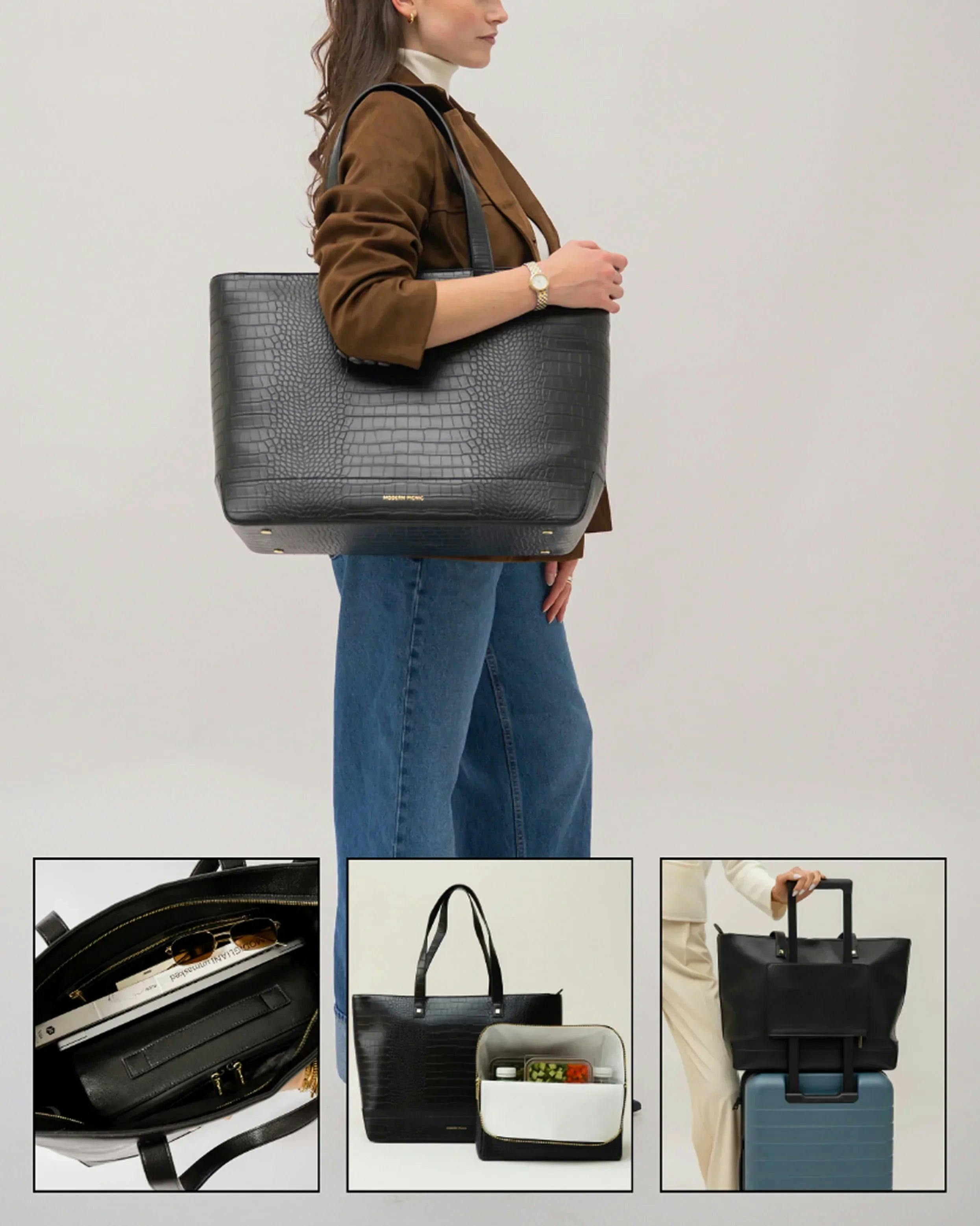 Vegan Leather Work Tote Bag with Removable Insulated Pouch, Black Croc