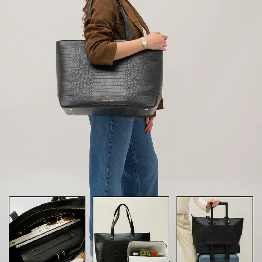 Vegan Leather Work Tote Bag with Removable Insulated Pouch, Black Croc