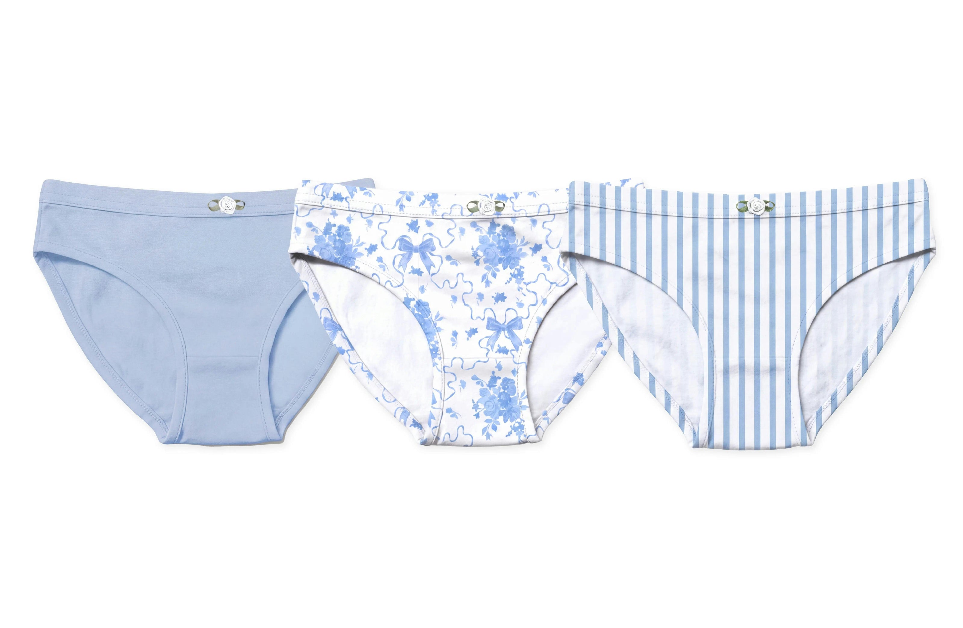 Girls Underwear 3 Piece Set - Light Blue, Blue Posies & Blue Stripes Girls Underwear 3 Piece Set
