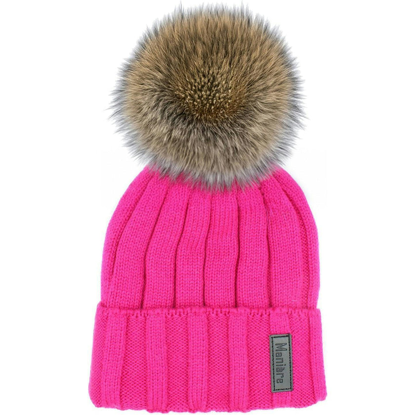 Ribbed Merino Wool Faux Fur Pom Pom Hat