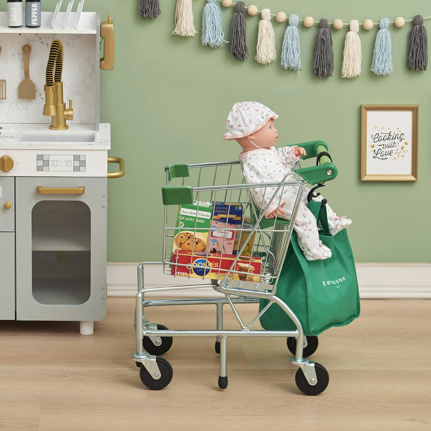 Little Helper Dallas Shopping Cart With Play Food - Chrome/Green