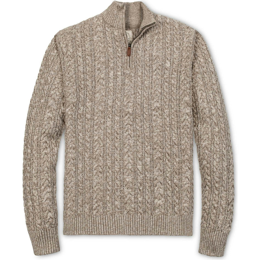 Men's Organic Half Zip Cable Pullover Sweater, Brown