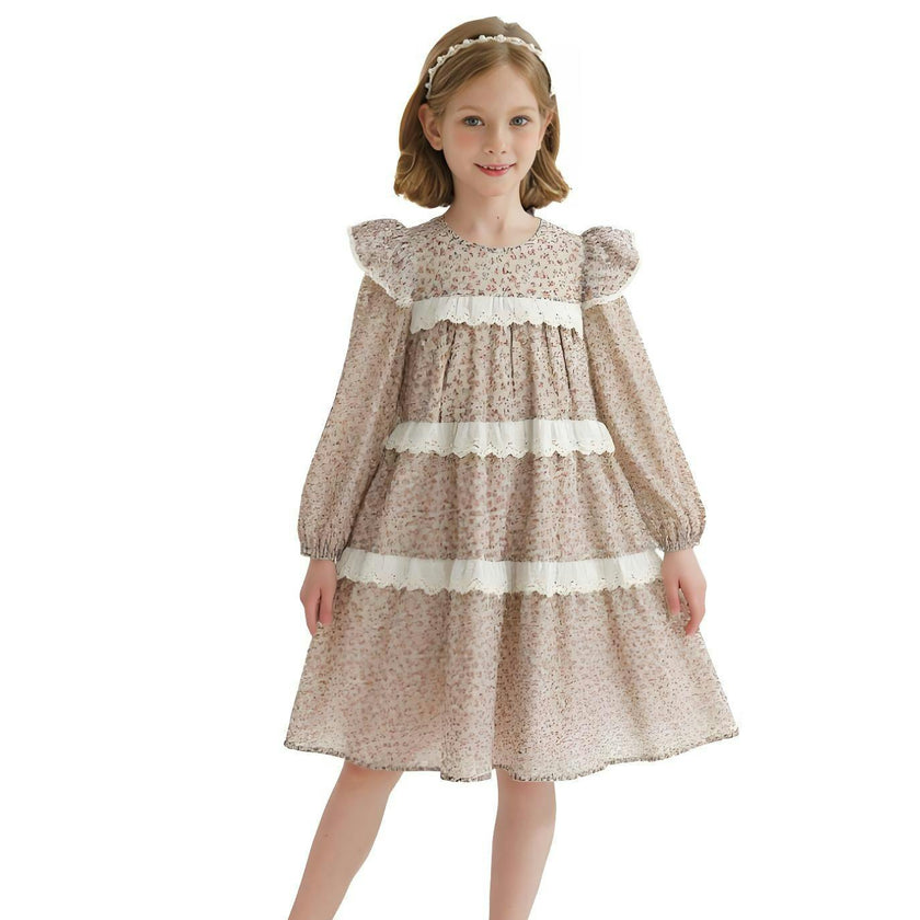 Beige Floral Lace Tiered Dress