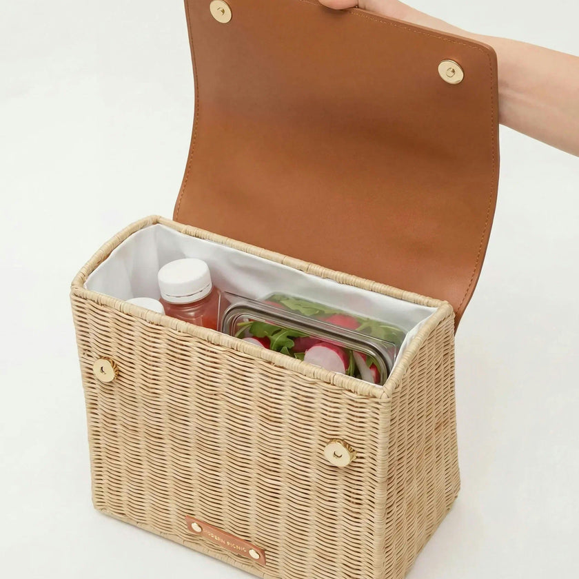 Medium Insulated Hand-Woven Wicker Lunchbox, Natural & Brown