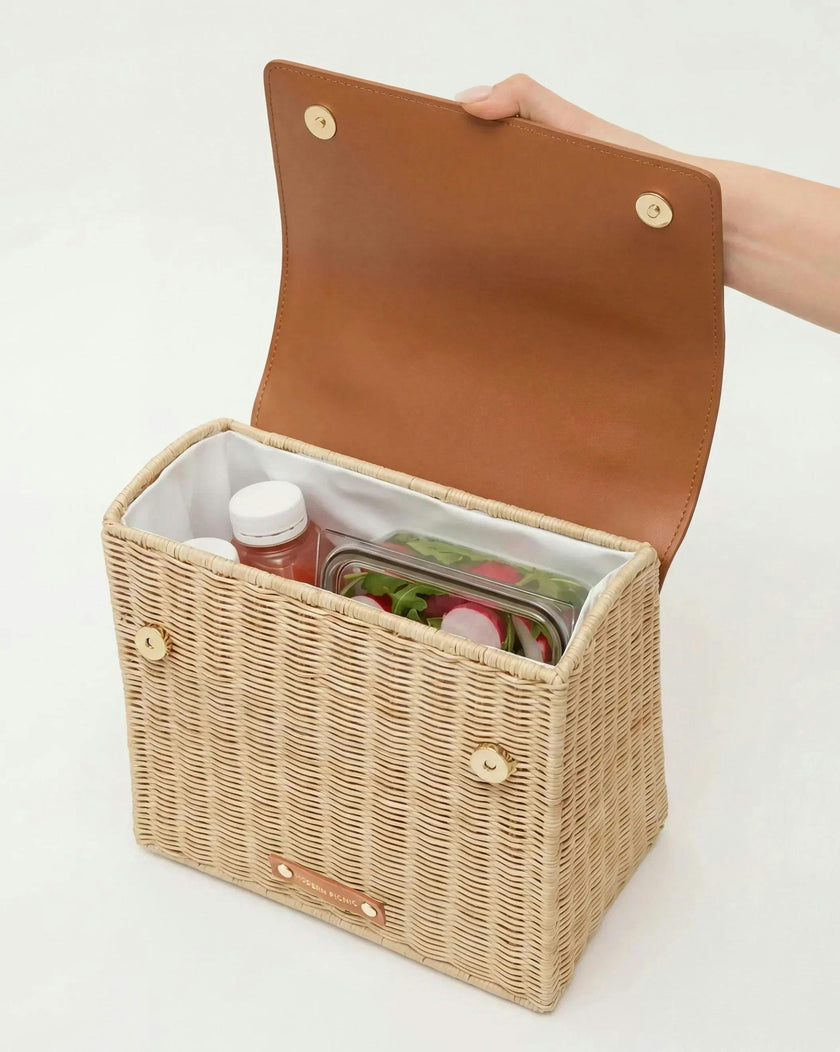 Medium Insulated Hand-Woven Wicker Lunchbox, Natural & Brown