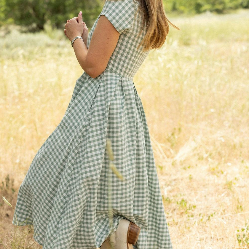 sage green gingham dress Clover Puff Sleeve Gingham Mini Dress Shop American Threads Boutique Green / M