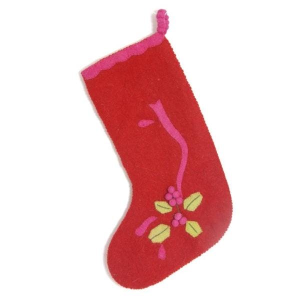 Holly Berry Red Hand Felted Wool Christmas Stocking