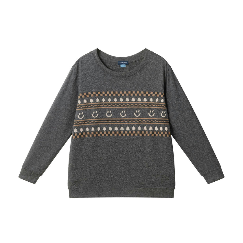 Big Kid Printed Hacci Sweater | Outdoorsy Smiley - Charcoal