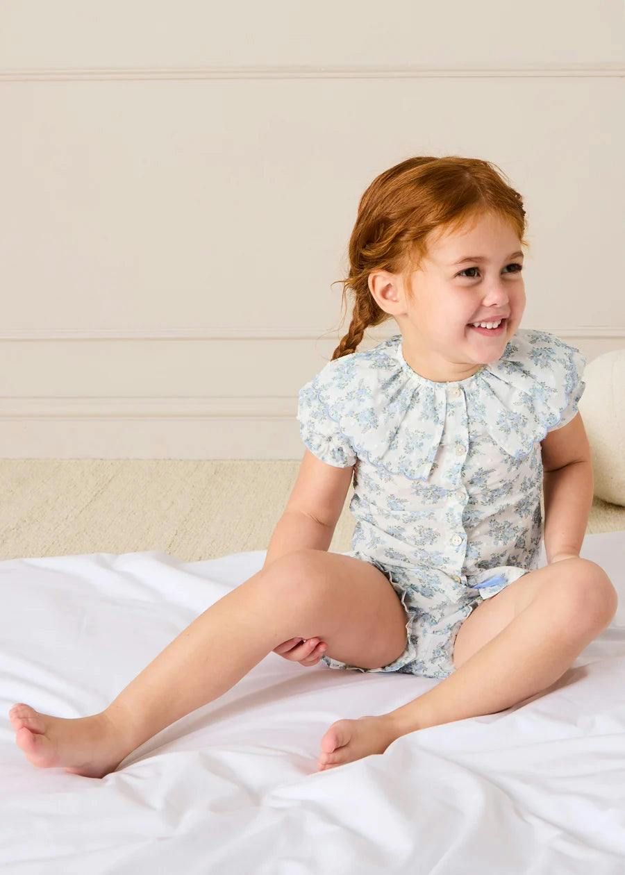 Esme Floral Swiss Voile Scallop Collar Pyjamas in Blue (18mths- 10yrs)