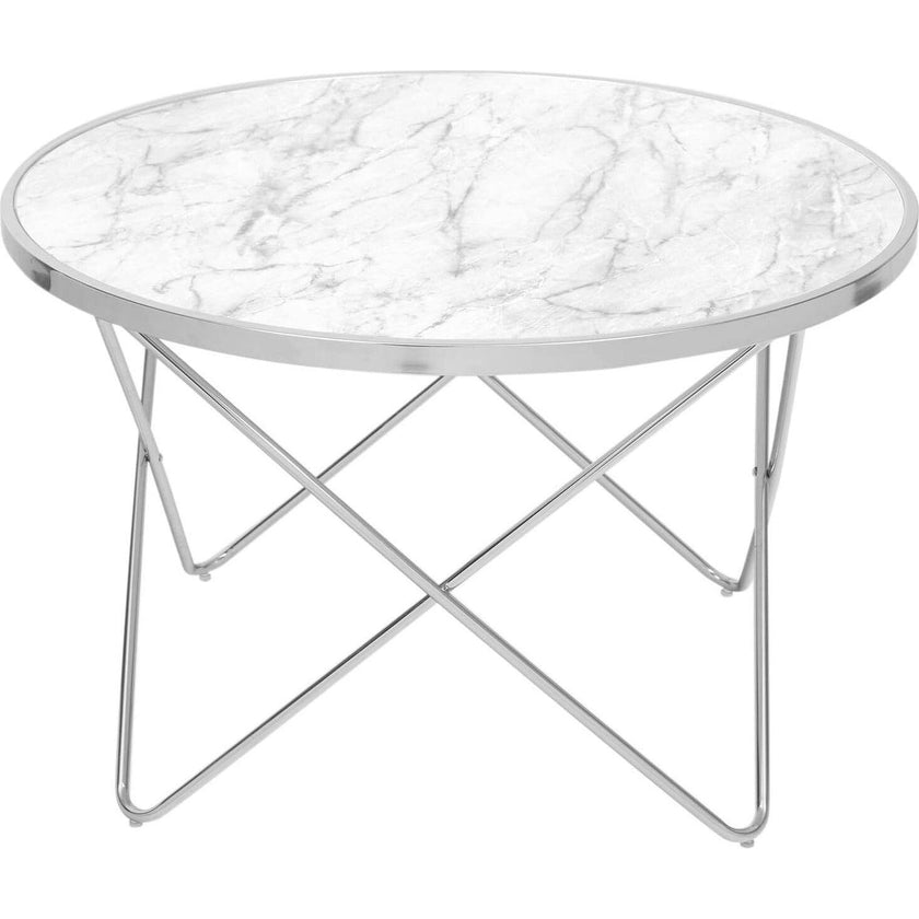 Margo Small 32 Inch Round Faux White Carrara Marble Coffee Table with Silver Metal Geometric Criss Cross Base and Legs