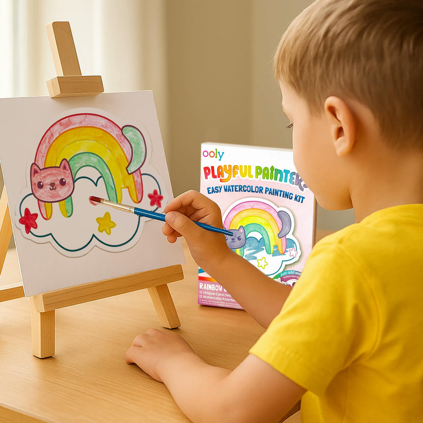 Playful Painters Easy Watercolor Painting Kit - Rainbow Cuties - 12 Cards 12 Palettes 1 Paintbrush